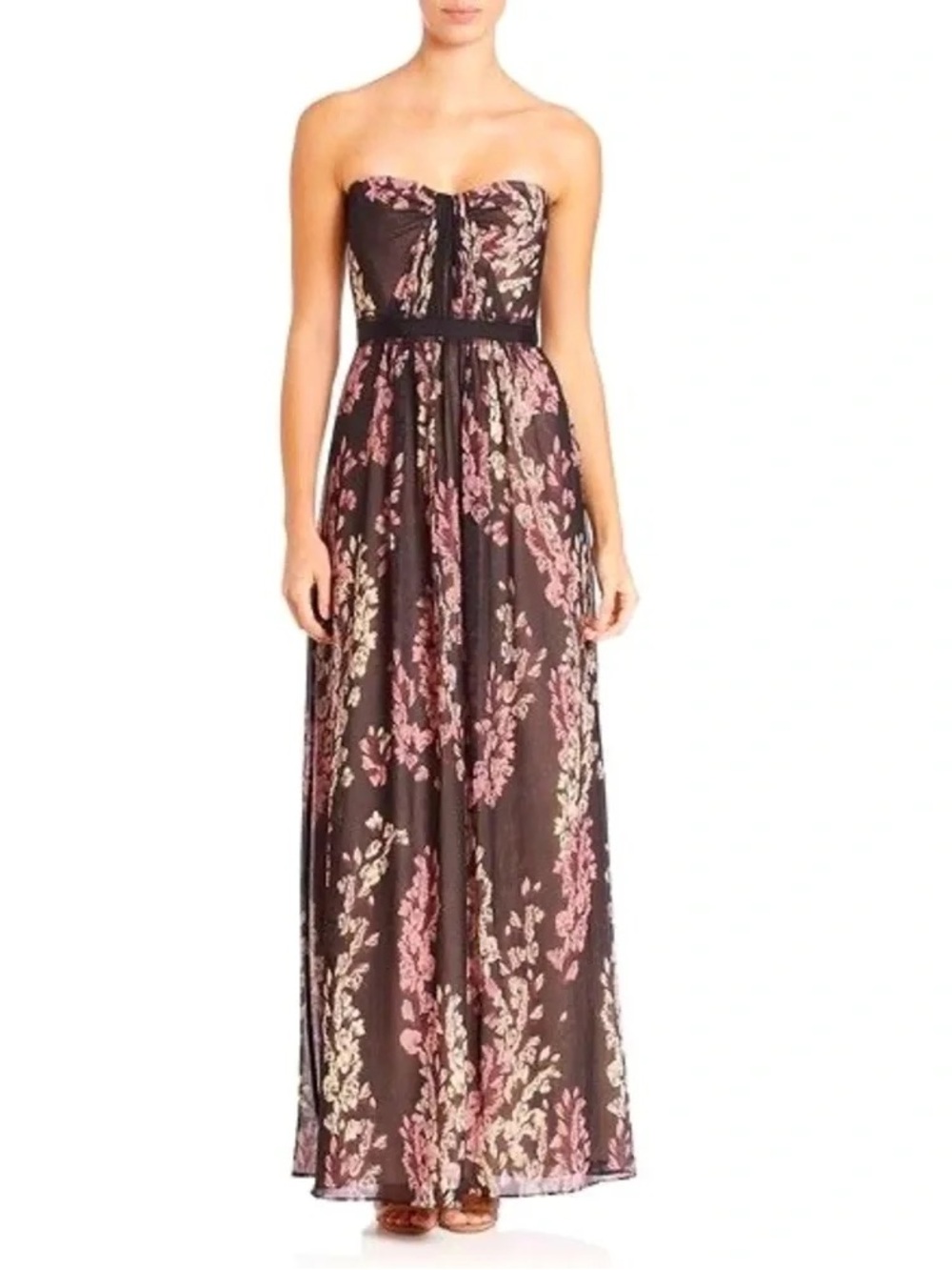 BCBGMaxazria Strapless Floral Print Maxi Dress